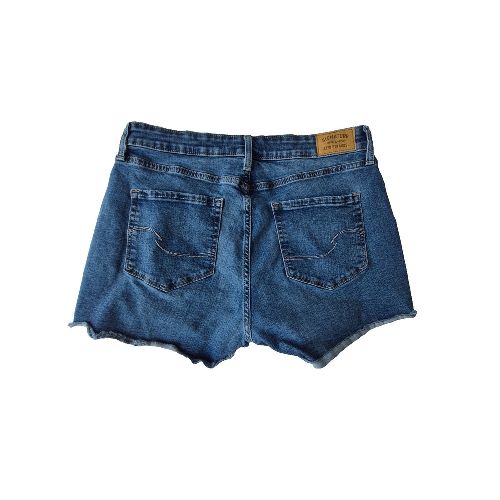 Signature Levi Strauss High Rise Denim Shorts Womens 14 W32 Blue Raw Hem Stretch - Picture 2 of 11
